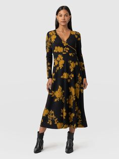 Maggie Wrap Midi Dress - Yellow Fade Floral Floral Print Wrap Dress With Surplice Neckline For Fall, Fall Floral Print V-neck Wrap Dress, Fall Floral V-neck Wrap Dress, Fall Floral Print Viscose Maxi Dress, Autumn Knitwear, Yellow Midi Dress, Sneakers Looks, Essential Dress, Wrap Midi Dress