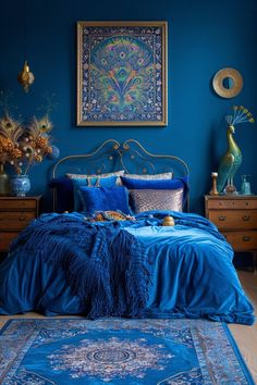 a bed with blue sheets and pillows in front of a peacock painting on the wall