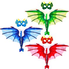 four different types of dragon kites on a white background