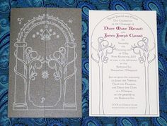 two wedding cards are sitting next to each other