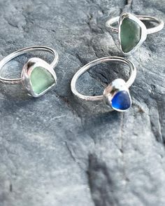 Each of these pieces of sea glass were found by me, or my little helper, on one of my local beaches on the south coast of Cornwall, and I've cleaned and set them in  purpose made bezel cups, on an organically textured sterling silver band  Sizes as follows Olive green: Q1/2 blue: M green: N 1/2 Yellow: K 1/2 Alternatively I can custom make one with another piece of glass just for you in any size you wish.  Stacking bands can be added to any of these rings to make a beautiful set, as shown in the Sea Glass Jewellery Ideas, Handmade Sea Glass Ring Jewelry, Adjustable Sea Glass Ring Jewelry, Handmade Adjustable Sea Glass Rings, Seaglass Jewelry, Sea Glass Ring, Stacking Ring Set, Stacking Bands, Sea Glass Pendant