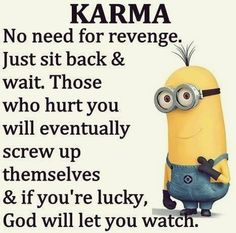 a despicable minion with the words karma written on it in front of him