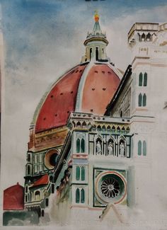 a painting of a building with a red dome