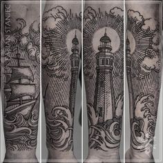 three different views of the same person's legs with lighthouses on them and waves in