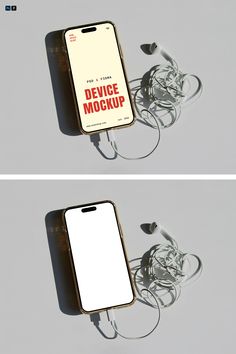 two images of an iphone with ear buds attached to it, and the same one has a mockup