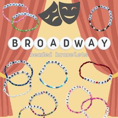 5, 6, 7, 8! This listing is for a variety of broadway & musical theater themed bracelets. Please refer to pictures for the bracelets/sets. All bracelets are adjustable on .5mm stretchy string. All bracelets are made with a mix of larger plastic beads, smaller glass/plastic beads along with round letter beads. While I use high-quality stretchy string and ensure bracelets are secured allowing for easy trading and swapping, please be careful when pulling the bracelets on or off.  Use the drop-down menus to select bracelet or set variation and sizing. Use the notes at checkout if you have any special requests.  Looking for something custom? Want more fangirl bracelets? Check out my other listings for custom bracelets or themed bundles! Themed Bracelets, Bracelets Sets, Yarn Bracelets, Bracelets Beaded, Kandi Bracelets, Diy Bracelet Designs, Musical Theater, Broadway Musical, Letter Beads