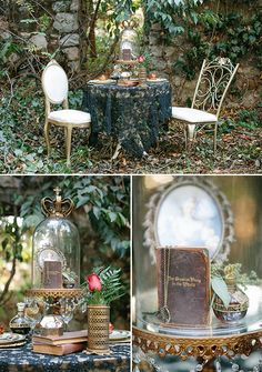 the table is surrounded by chairs and an old book under glass dome with a clock on it