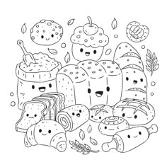 a bunch of food that is drawn in black and white