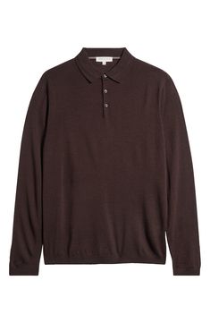 Slip into the luxurious comfort of wool, silk and cashmere in this long-sleeve polo sweater trimmed with ribbing along the cuffs and hem. 27 1/2" length (size Large) Spread collar Long sleeves Ribbed cuffs and hem 70% wool, 20% silk, 10% cashmere Dry clean or hand wash, dry flat Imported Luxury Long Sleeve Polo Sweater With Ribbed Cuffs, Luxury Formal Polo Sweater With Ribbed Collar, Brown Long Sleeve Polo Sweater With Ribbed Collar, Classic Collared Polo Sweater In Merino Wool, Classic Collared Merino Wool Polo Sweater, Luxury Fitted Polo Sweater For Fall, Luxury Long Sleeve Polo Sweater, Elegant Collared Polo Sweater With Ribbed Cuffs, Wool Long Sleeve Tops With Button Cuffs