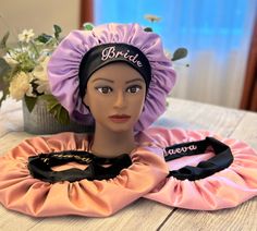 Protect your curls with this personalized custom embroidered Satin sleep hair bonnets. Comes with a black smooth edge knit stretch band. ➡️ Stylish color options available  ➡️ The name on the black knit band will be Personalized to match the bonnet fabric color. (if you want a different font color, please enter it in the comment box before checkout)  **White thread color will be used on the band if you select black satin fabric bonnet, unless another color is requested during checkout.** ➡️ Stay Hair Bonnet Sleep Satin, Graduation Logo, Sleep Hair, Hair Bonnets, Sleep Hairstyles, Black Satin Fabric, Church Backgrounds, Satin Bonnet, Hair Bonnet