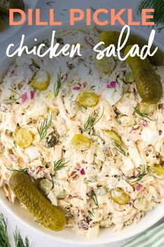 dill pickle chicken salad in a white bowl