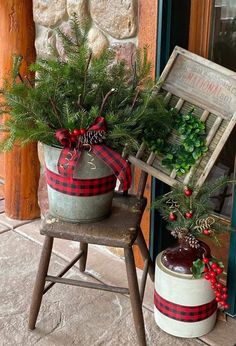 Christmas Tree In Wagon, Coal Bucket Christmas Decor, Campfire Marshmallow Tin Decor, Galvanized Pail Ideas, Galvanized Bucket Christmas Decor, Wash Tub Christmas Decor, Old Milk Can Ideas Front Porches, Minnow Bucket Ideas, Christmas Bucket Decor