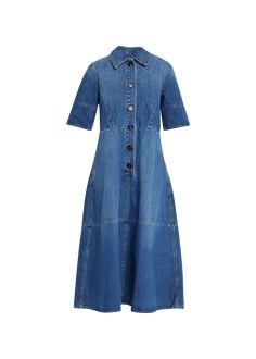 Find CO Denim Midi Shirtdress on Editorialist. Co shirtdress in denim Spread collar; button front Elbow sleeves Side welt pockets Aline silhouette Hem falls below the knee Cotton Imported Spring Workwear Dresses With Patch Pockets, Collared Medium Wash Shirt Dress For Work, Collared Denim Blue Shirt Dress For Work, Denim Button-up Shirt Dress For Work, Denim Blue Workwear Shirt Dress With Pockets, Denim Shirt Dress With Buttons For Work, Denim Blue Shirt Dress With Pockets For Work, Workwear Denim Blue Shirt Dress With Pockets, Denim Shirt Dress For Work With Button Closure