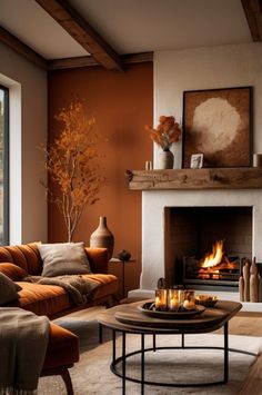 a living room filled with furniture and a fire place in the middle of the room