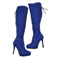 Royal Blue Stiletto Platform Heel Boots Size 9.5 New Without Tags Side Zip Closure Back Lace-Up Detail Faux Suede Material Formal Fitted Blue Boots, Blue Pointed Toe Heeled Boots For Party, Blue High Heel Boots For Evening, Blue Heels For Evening Winter Events, Blue Heels For Evening In Winter, Chic Blue Heeled Boots For Formal Events, Blue Lace-up Formal Boots, Elegant Blue Heels For Winter, Blue Pointed Toe Boots For Night Out