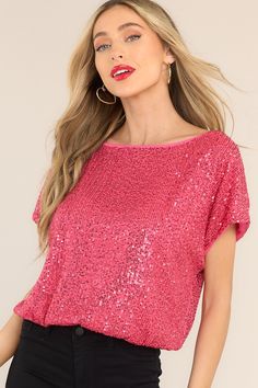 Be the star of the show in this I'm Tempted Hot Pink Sequin Top. Get ready to shine: this fun. sparkly top will have you ready to take on any night out!  This top features a round neckline. sequins throughout. and an elastic band at the hips.   100% Polyester Hand Wash Cold Lined Imported Model is wearing a size small Disco Ball Christmas, Pink Sequin Top, Maximalist Eclectic, Sparkly Top, Stripped Tops, Rush Dresses, Cardigan Crop Top, Rocker Chic, Dress Bra