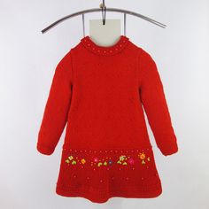 Red dress for toddler girl. Little girls knitted sweater dress. Flower embroidered dress. Composition and Care: *    100% Acrylic (Soft) *    Color: Red *    I recommend hand washing. Measurements: *    Size: 3T-4T     *    Dress Length: 52 cm *    Shoulder: 26 cm *    Chest: 31 cm *    Sleeve Length: 36 cm The dress is in the shop and ready to ship. Please check your measurements before ordering this dress. More dresses for the girls in my shop: http://www.etsy.com/shop/YoliaKnittings/ Thank yo Winter Embroidered Red Dresses, Red Embroidered Winter Dress, Red Childs Dress, 4t Dress, Red Embroidered Dress, Elegant Red Knee-length Sweater Dress, Flower Embroidered Dress, Knit Sweater Dress, Toddler Girl Dresses