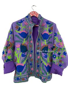 Cotton Tnt Fabric Jacket Short Jacket Kimono For Women Inside Lining Coat Purple Purple Long Sleeve Outerwear With Pockets, Purple Cotton Outerwear With Pockets, Hooded Purple Cotton Outerwear, Purple Hooded Cotton Outerwear, Winter Cotton Blazer With Stand Collar, Embroidered Long-sleeve Cotton Blazer, Embroidered Stand Collar Outerwear For Fall, Embroidered Long Sleeve Cotton Blazer, Embroidered Cotton Long Sleeve Blazer