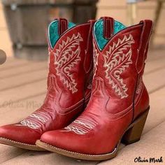 Olivia Mark - Stylish Embroidered Chunky Heel Martin Boots with Pointed Toe Design Embroidered Chunky Heels, Whimsical Clothing, Embroidery Heels, Short Cowboy Boots, Chunky Heel Booties, Short Ankle Boots, Trendy Boots, Winter Ankle Boots, Block Heel Ankle Boots