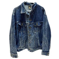 This vintage Lee denim jacket is a classic addition to any wardrobe. The blue jean acid stone wash gives it a unique and stylish look that is perfect for casual or workwear occasions. Made with cotton outer shell material and denim fabric type, this jacket is machine washable for easy care. Featuring a button closure, XL size, and pockets, this jacket is both functional and fashionable. The solid pattern and 70s/80s theme add to its timeless appeal. Made in the United States, this jacket is a must-have for any fan of vintage clothing. This vintage denim jacket is in great condition for it's age. There is an area on the front that is discolored (see photo). No holes or rips though! Dark Wash Stonewashed Long Sleeve Outerwear, Dark Wash Stonewashed Denim Outerwear, Faded Stonewashed Denim Outerwear, Stonewashed Denim Outerwear In Dark Wash, Stonewashed Dark-wash Cotton Outerwear, Dark Wash Stonewashed Denim Jacket For Streetwear, Light Wash Stonewashed Denim Outerwear, Stonewashed Dark Wash Denim Jacket For Streetwear, Winter Medium Wash Washed Denim Vest