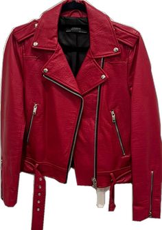 Red Biker Outerwear With Zipper Closure, Red Moto Outerwear For Winter, Red Moto Outerwear With Zipper Closure, Red Biker Outerwear For Fall, Casual Red Leather Jacket With Zipper, Casual Red Leather Jacket With Zipper Closure, Edgy Red Biker Jacket For Winter, Red Moto Outerwear, Red Biker Jacket With Zipper For Fall