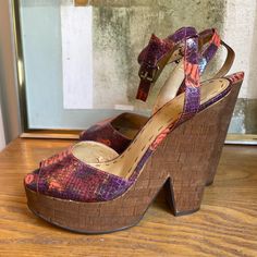 Never Worn. Style Troischic Purple And Orange Snake Print Cork Heel Platforms. These Have Never Been Worn. Gorgeous Architectural Heels. The Lining Is Peeling. Almost 6” Heels With 1.75” Platform In Front. Purple Round Toe Wedge Sandals For Spring, Casual Purple Heels, Purple High Heel Wedge Sandals For Spring, Casual Purple Wedge Sandals For Spring, Casual Purple Wedge Sandals For Summer, Purple Wedge Heel Sandals For Summer, Purple Wedge Sandals For Summer, Casual Purple Round Toe Wedge Sandals, Casual Purple Round Toe Heels