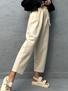 SPU: YSHMY240814123 Style: Casual Color: black, off-white Pattern Type: Leisure Season: Summer Length: Regular Details: Plain Material: Cotton and Linen Size: S/M/L/XL/2XL/3XL Size Chart： pants length Hips Waist CM inch CM inch CM inch S 104 40.9  110 43.3  68 26.8  M 105 41.3  115 45.3  73 28.7  L 106 41.7  120 47.2  78 30.7  XL 107 42.1  125 49.2  83 32.7  2XL 108 42.5  130 51.2  88 34.6  3XL 109 42.9  135 53.1  93 36.6  This data was obtained from manually measuring the product, it may be off by 1-2 CM. Cream Tapered Leg Bottoms For Spring, Casual Beige Bottoms For Day Out, Cream Tapered Leg Summer Bottoms, Cream Tapered Leg Summer Pants, Casual Cream Bottoms For Day Out, Baggy Beige Bottoms For Spring, Beige Cargo Pants For Spring, Cream Cotton Bottoms For Spring, Beige Tapered Leg Bottoms For Spring