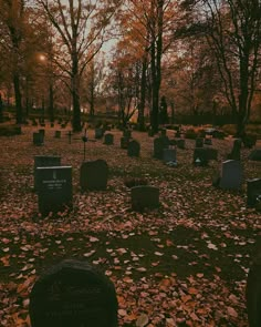 an old cemetery with headstones and leaves on the ground at sunset or dawn in autumn