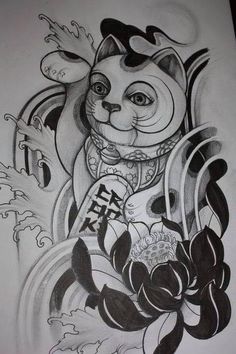 a drawing of a cat with chinese writing on it's chest and head in the background