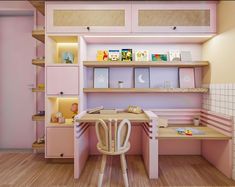 a room with pink walls and shelves filled with children's books, toys and other items