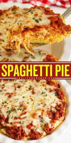 the cover of spaghetti pie is shown on a plate