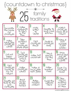 a printable christmas calendar with santa and reindeers on the front, which includes numbers for