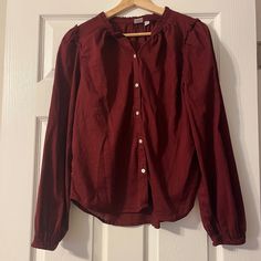 Questions? Leave A Comment Below! Red Long Sleeve Tops By Gap, Gap Red Long Sleeve Top, Fall Button Closure Top By Gap, Gap Fall Top With Button Closure, Gap Button Closure Top For Fall, Red Gap Tops For Fall, Chic Gap Blouse For Fall, Gauze Shirt, Chevron Top