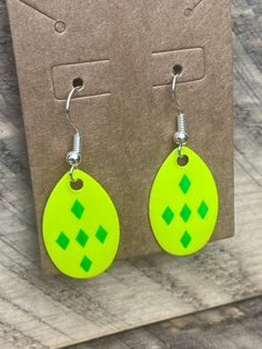 These are Indiana size 3 spinner blades. Vibrant yellow with green diamonds. Fishhook earwires have silver balls for accent. Earwires are nickel-free and easy on any ear. Green Diamonds, Green Diamond, Fish Hook, Minneapolis, Indiana, Jewelry Earrings Dangle, Dangle Drop Earrings, Dangle Earrings, Jewelry Earrings