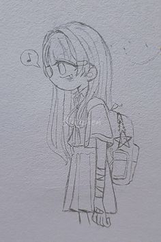 a drawing of a girl with long hair and glasses, holding a bag in her hand