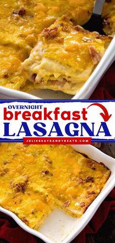 This Overnight Breakfast Lasagna is a simple holiday baking recipe with layers of lasagna noodles stuffed with cheese sauce, bacon, and more cheese! Add this pasta recipe to your best brunch ideas! Breakfast Lasagna With Tortillas, Breakfast Stuffing, Ham Egg And Cheese Casserole Overnight, Breakfast Hotdogs, Breakfast Lasagna Hashbrown, Breakfast Mac And Cheese, Breakfast Lasagne, Brunch Pasta Ideas, Breakfast Ideas Bacon