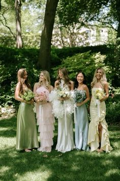 Mix Match Satin Bridesmaid Dresses, Bridesmaids Dresses Spring Colors, Bridesmaids Garden Wedding, Bridesmaid Dresses For Summer Wedding, Garden Wedding Aesthetic Bridesmaids, Blue Green Yellow Bridesmaid Dresses, Colorful Spring Wedding Bridesmaids, Summer Wedding Colors Green, Bridesmaid Summer Dresses