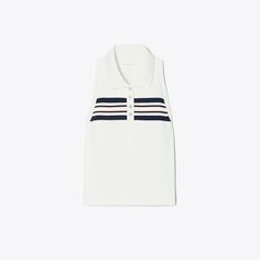 A sleeveless polo is cut with modern lines to optimize freedom of movement on the court. Featuring a racerback top, fitted silhouette and graphic stripes, the comfortable style is lightweight and breathable. Sporty Polo Collar Top For Summer, Athleisure Sports Top With Polo Collar, Summer Sports Tops With Contrast Stripes, Summer Sports Top With Contrast Stripes, Sporty Contrast Stripes Tops For Summer, Sporty Summer Tops With Contrast Stripes, Sporty Tops With Contrast Stripes For Summer, Striped Athleisure Tops For Sports, Casual White Tank Top With Contrast Stripes