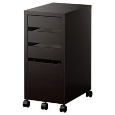 a black filing cabinet with four drawers on casteors and three wheels, in front of a white background