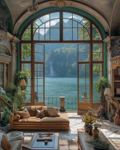 a living room filled with lots of furniture next to an open window overlooking the water