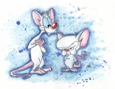 two cartoon mouses standing next to each other in front of blue watercolor stains