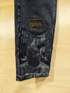 Customized Denim Jeans ( B.I.G Brooklynn Tribute) - Triple Applique Patchwork - Laser Engraving Finish - Stonewash 100% Cotton Relaxed Fit 33W x 32L Dark Wash Recycled Denim Jeans For Streetwear, Medium Wash Straight Leg Jeans With Graphic Print, 90s Rigid Denim Jeans For Streetwear, 90s Style Rigid Denim Jeans For Streetwear, Denim Blue Graphic Bottoms For Streetwear, 90s Style Dark Wash Jeans For Streetwear, 90s Dark Wash Jeans For Streetwear, Dark Wash Graphic Print Bottoms For Streetwear, Reworked Denim Blue Jeans For Streetwear