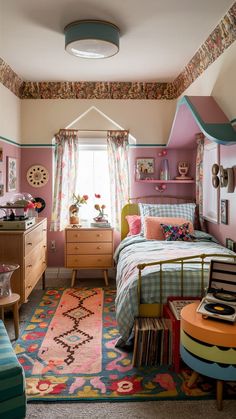 a bedroom decorated in pastel colors and furniture