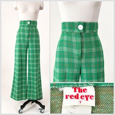 1970s green plaid knit wide leg pants. Ultra high rise with a button closure and zipper fly. In great vintage condition - please see photos.  All measurements are taken with the garment laying flat and doubled for the bust, waist, and hips.  Waist: 25" Hips: 35" with comfortable stretch to 36" Rise: 13" Upper Thigh: 11.5"across Inseam: 31" Label: The Red Eye Material: Not listed; looks/feels like poly  Size on Tag: 7 Approx. Fit: 25 waist  Some garments have been adjusted in photos to fit the form. Please reference measurements provided for true size.  *I don't accept returns so please ask any questions before purchase. I'm happy to provide additional pictures, details, or measurements. See shop policies and FAQs for more information. Bright Academia, 80's Clothes, 70's Aesthetic, Plaid Wide Leg Pants, 70s Green, Comedy Actors, Horse Vintage, Fran Fine, Seventies Fashion