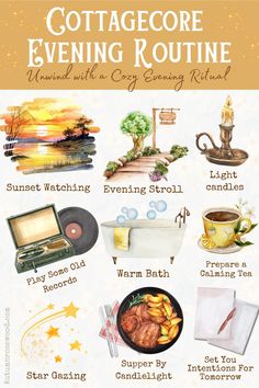 Slow down and savor the simplicity of a cozy cottagecore evening routine! 🌿✨From watching the sunset 🌅 to unwinding with a warm bath infused with herbs 🛁, these serene rituals will help you embrace tranquility and connect with nature 🌙. End your day with a touch of rustic charm, soft candlelight 🕯️, and a peaceful night under the stars ✨ Cottagecore Bohemian Aesthetic, Slow Night Routine, Cottagecore Routine, Autumn Night Routine, Soft Living Aesthetic, Cozy Winter Apartment, Cottagecore Things To Do, Simple Night Routine, Cottagecore Hobbies