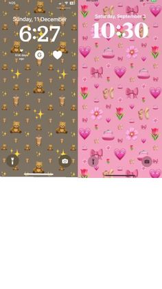 two wallpapers with hearts, stars and teddy bears on them in different colors