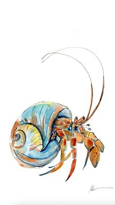 a watercolor painting of a bug with long legs and an orange shell on it's back