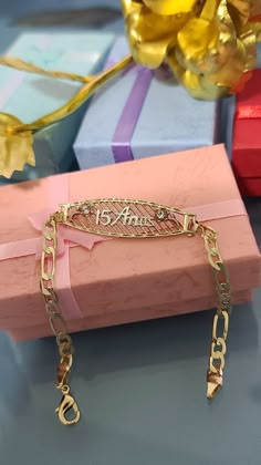 "Special for you. We offer free shipping with the purchase of 35 dollars or more! with First Class Mail (Not Priority Mail) 14k Gold Plated MIS XV Bracelet - Pulcera \"Mis XV\" Oro Laminado - Gift for \"15 Years\" - Regalo para tus Quince Type: Bracelets, Bangles Plating: Gold Plated Gender: Women's Material: cooper Size: 7\" inches approx. (3 styles) Important: Please check the size of the bracelets. *ABOUT US* \"Ashley Accesorios\" is an online retailer based in Lacey, Wa. Our goal is to provi Quinceanera Jewelry Bracelets, Pink Quince Bracelet, Quinceanera Bracelet Gold, Xv Necklaces, Gifts For Chambelanes, Quince Bracelets Gold, 15 Bracelet Quinceanera, Quince Jewelry Set Gold, Gold Quinceanera Jewelry