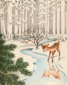 a painting of a deer and its reflection in the water, with snow on the ground