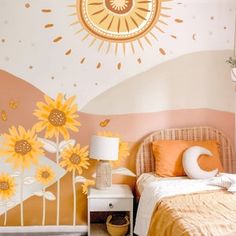 a bedroom with sunflowers painted on the wall